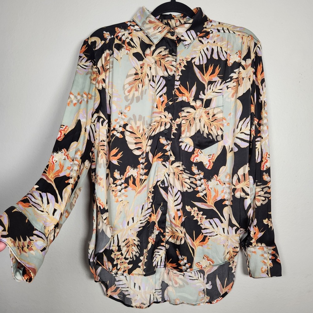 Free People Women's XS Button Up Blouse Boho Top Satin Dark Tropical Resortwear
